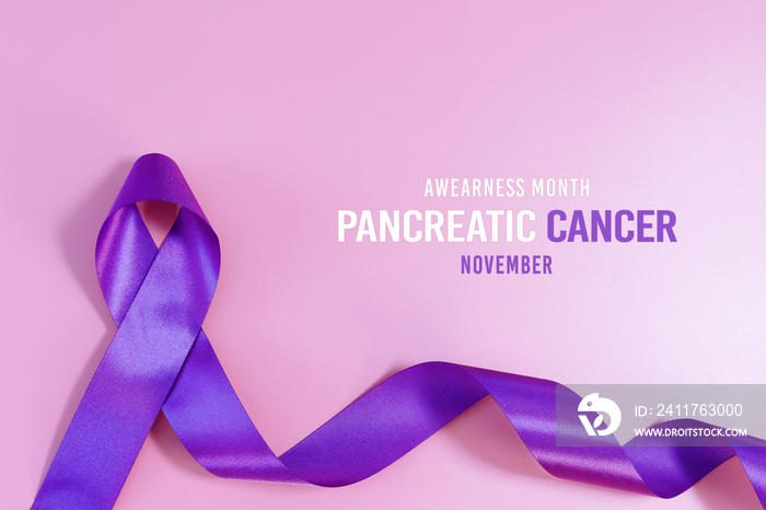 Pancreatic Cancer Awareness Ribbon, purple ribbons on light pink background