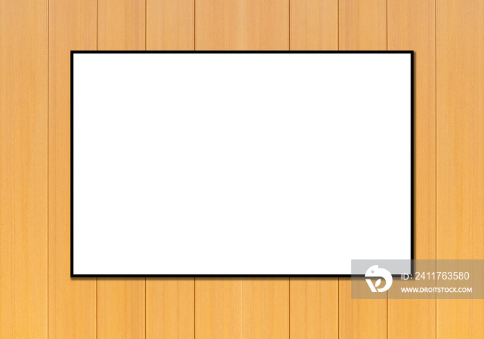 Mockup white picture frame on yellow wood line pattern texture background