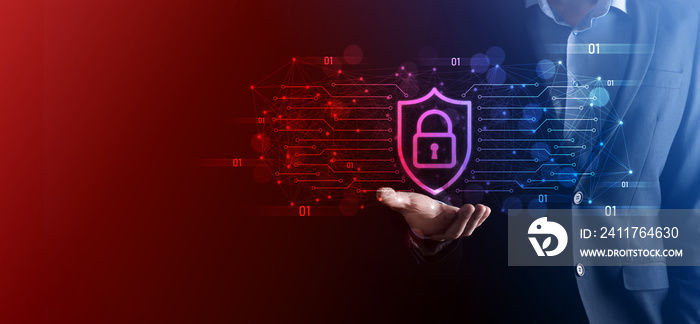 Protection network security computer and safe your data concept, Businessman holding shield protect icon. lock symbol, concept about security, cybersecurity and protection against dangers