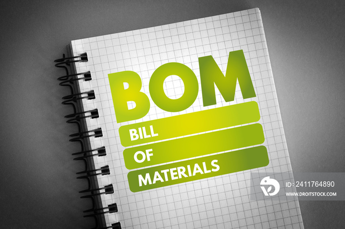 BOM - Bill Of Materials acronym on notepad, business concept background