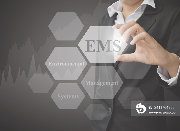 businesswoman showing presentation EMS(Environmental Management System) on black background.