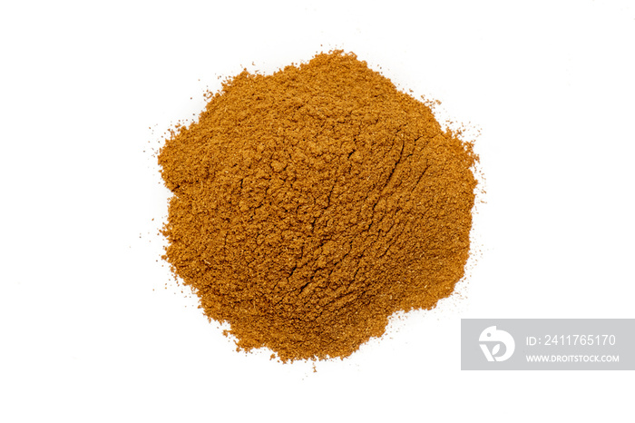 Cinnamon powder pile on a white background. Ground spice from organic sources used in drinks and food.