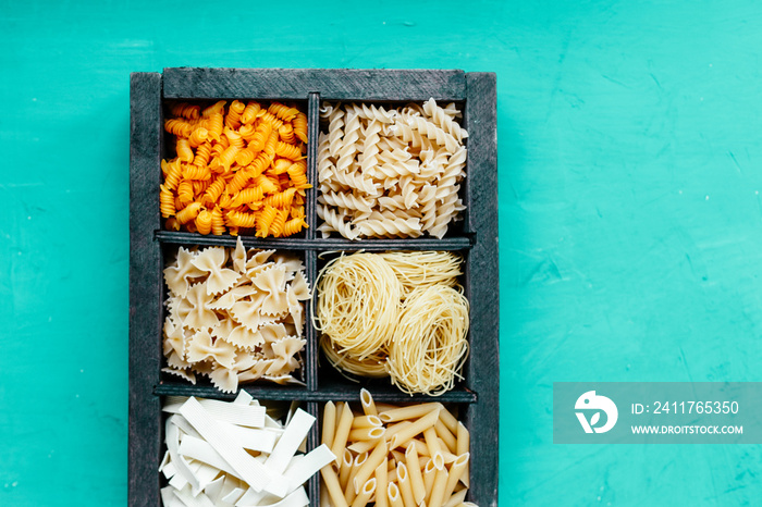 italian pasta in a box. Raw pasta. Farfale, cappelli angelo, spaghetti, cavatelli, noodles