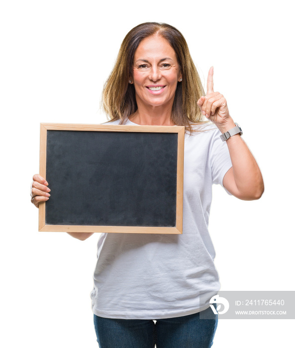 Middle age hispanic woman holding blackboard over isolated background surprised with an idea or question pointing finger with happy face, number one