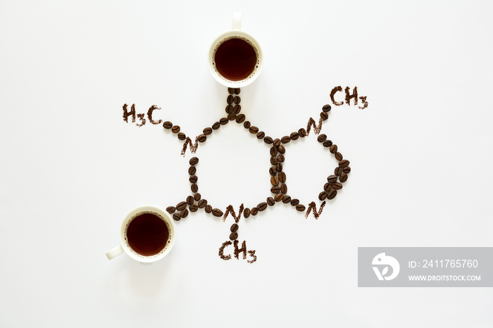 Chemical formula of Caffeine. Cups of espresso, beans and coffee powder. Art food. Top view.