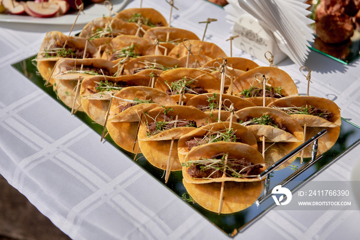 Buffet table with snacks, canape, sandwiches and appetizers at luxury wedding reception outdoors, copy space. Serving food. Catering banquet table. Homemade Tacos