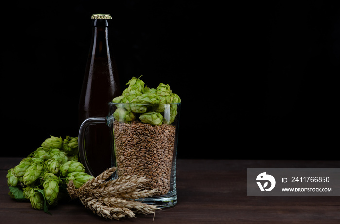 Bottle of a craft beer and mug with malt and fresh green of hops like a foam on dark wooden table. Black background. Empty space for text