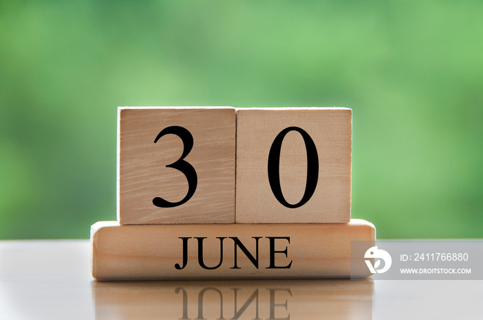 June 30 calendar date text on wooden blocks with blurred nature background. Copy space and calendar concept
