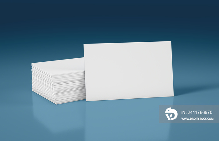 Stack of business cards with front card for your design, blue background