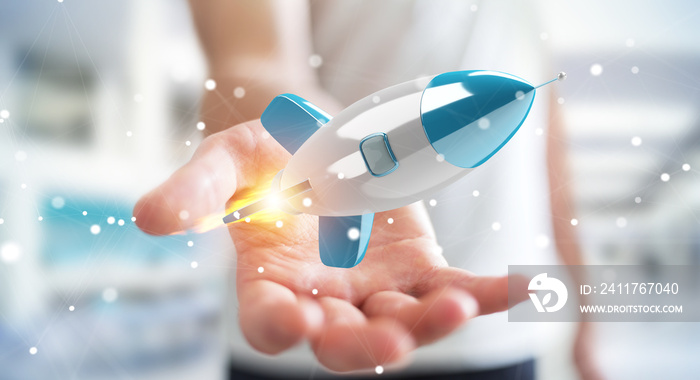 Businessman holding and touching a rocket 3D rendering