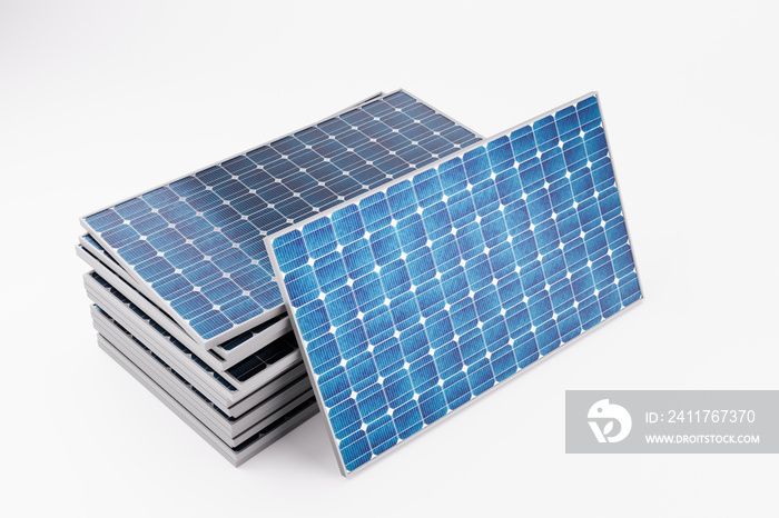 3D render illustration of the group of stacked solar battery panels