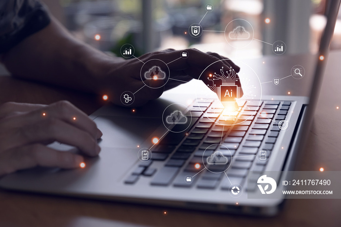 Selective focus at men hand that typing on keyboard to enter command for AI that can access to cloud computing unit that can access to business and customer database to create marketing campaign.