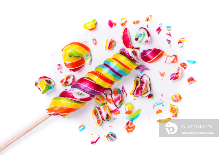 Shiny rainbow colorful crushed sweet candy lollipop isolated on white background