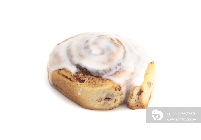 Single Frosted Cinnamon Roll on a White Background