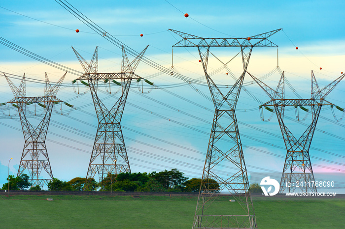 Electric power lines coming out from a Itaipu dam, Parana State, Brazil