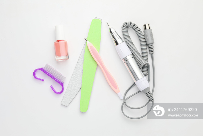 Supplies for manicure on white background