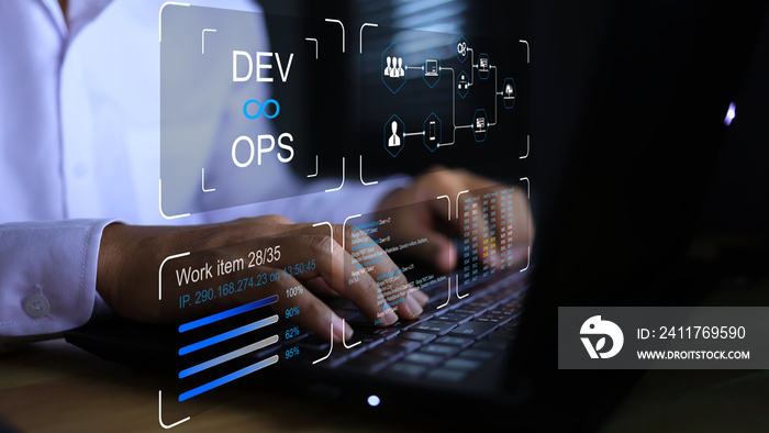 DevOps software development IT operation engineer work with agile gestures as programer development concept with dev and ops icon computer screen project manager operation sysadmin typing on keyboard