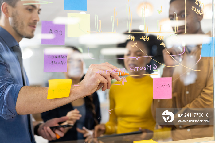 Diverse people in office brainstorming and writing on glass board