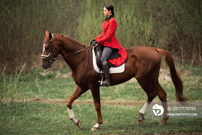 Equestrian sport, young woman jockey is riding brown horse