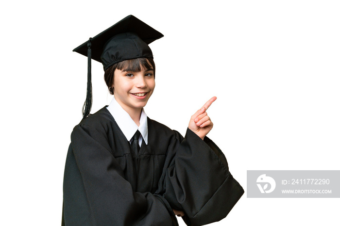 Little university girl over isolated background pointing finger to the side