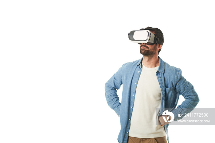 a man with virtual reality goggles making hand gestures isolated on a white background