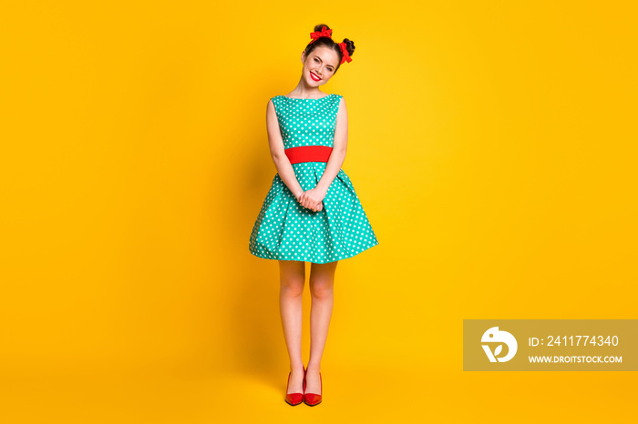 Full length body size view of charming cheerful girl wearing teal dress good party look isolated on bright yellow color background