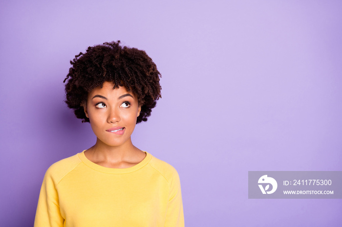 Close-up portrait of her she nice attractive charming lovely cute creative wavy-haired girl creating solution isolated over violet purple lilac pastel color background