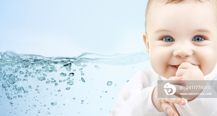 happy baby over blue background with water splash