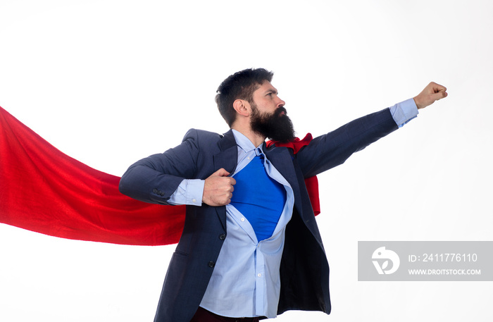 Business. Enthusiasm. Super businessmen. Business concept. Superhero in red cape showing blue shirt. Save the world. Economy. Career growth. Bearded businessmen.