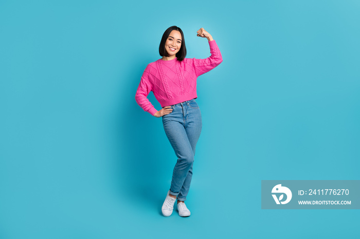 Full body length photo cadre promo advertisement feminism woman rights fist show strength korean funny girls isolated on blue color background