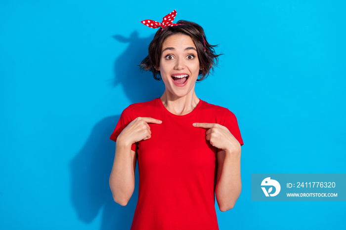 Photo of young excited lady point fingers herself choice decision glad isolated over blue color background