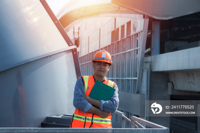 worker in factory. worker with protective hat hard with mask cross arm.