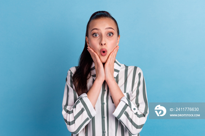 Portrait of nice-looking attractive worried nervous girl panic expression isolated over blue pastel color background