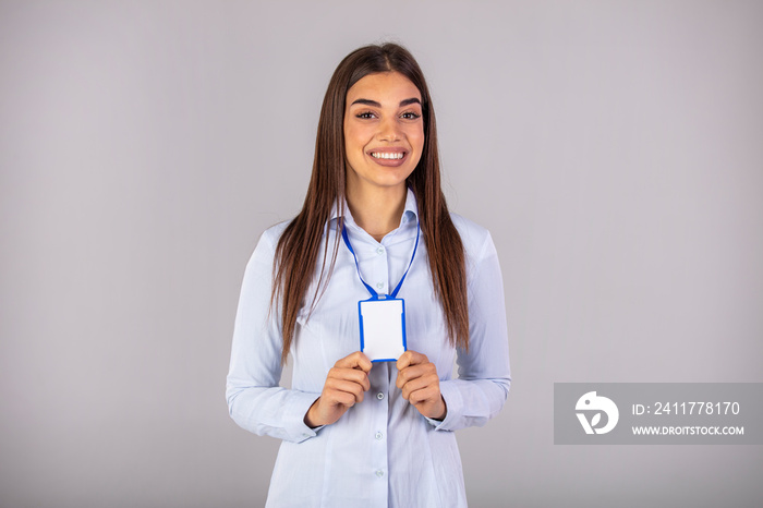 Person identity label. Women in shirt uniform with empty id card mock up. Bussinesswoman pass design. Woman wear blank white horizontal badge mockup