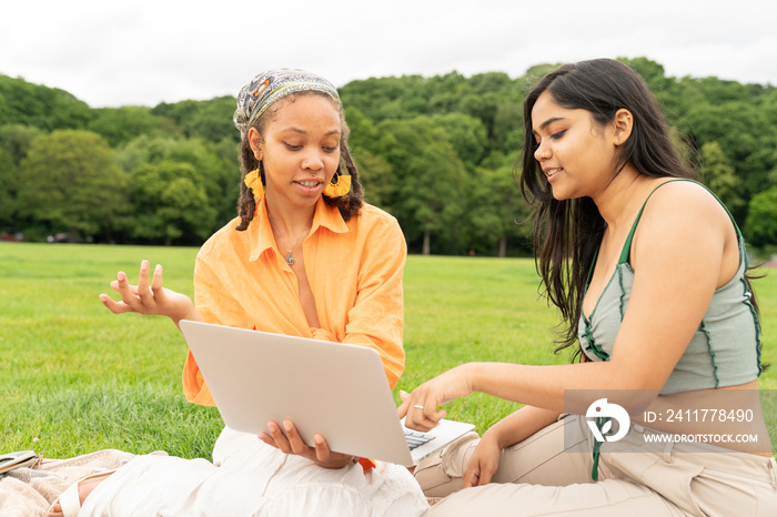 Two female friends using laptop on picnic in park