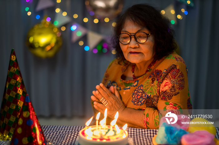 Celebrating elderly woman birthday, blowing candles on homemade baked cake, indoor. Birthday party for seniors woman