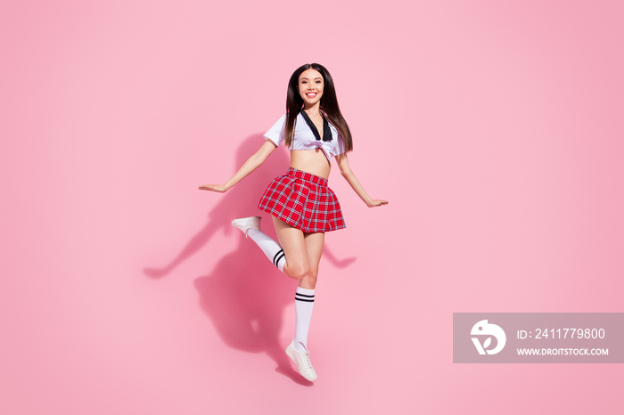 Full length body size view of her she nice-looking attractive lovely sweet shine feminine lovable cheerful cheery straight-haired lady having fun time isolated over pink pastel background