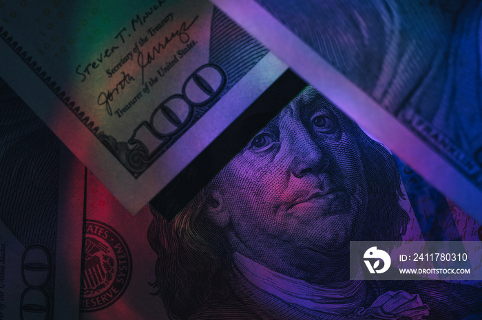 Close up Franklin’s face on a one hundred dollar. American, US Dollars Cash Money background.