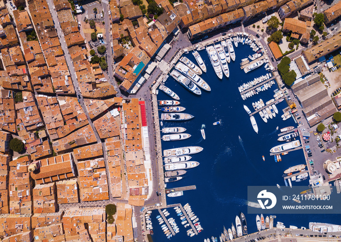 Center of old town Saint-Tropez and harbor from above