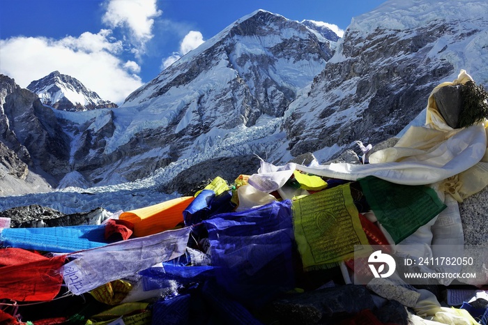 Mt. Everest with Tibetan prayer flags at the Everest Base Camp, Solukhumbu, Nepalese Himalayas.