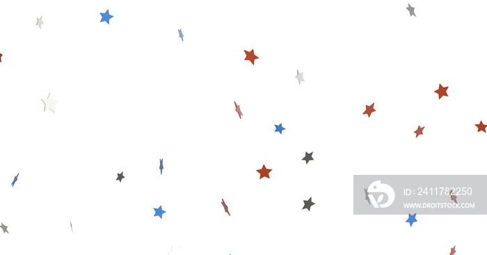 festive pattern with flying, falling red, blue, white stars in colors of the United States’ flag