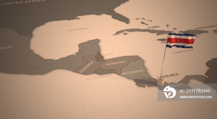 Flag on the map of costa rica. Vintage Map and Flag of Central America, Caribbean Countries Series 3D Rendering