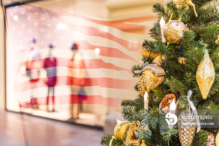 Christmas tree decoration in shopping mall with usa flag