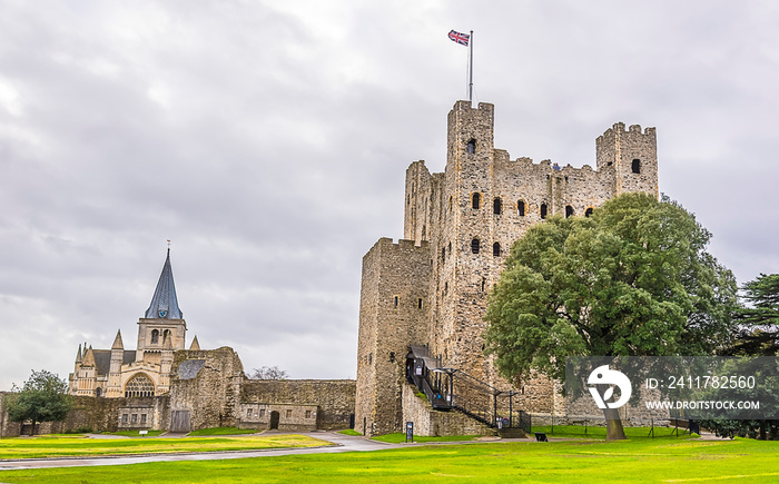 A view of Rochester castle and cathedral, UK from the castle grounds