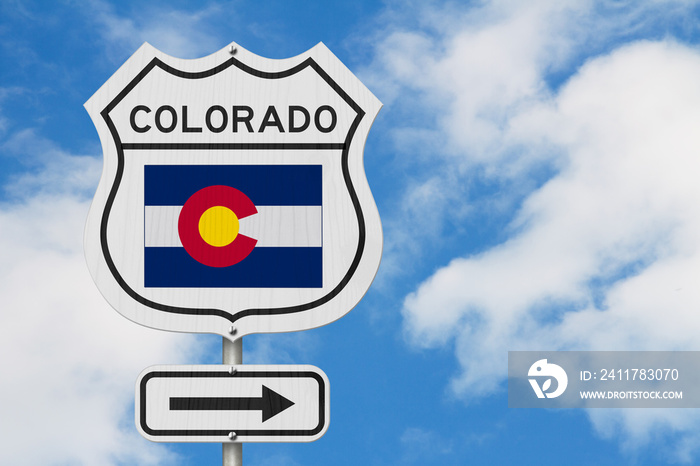 Colorado map and state flag on a USA highway road sign