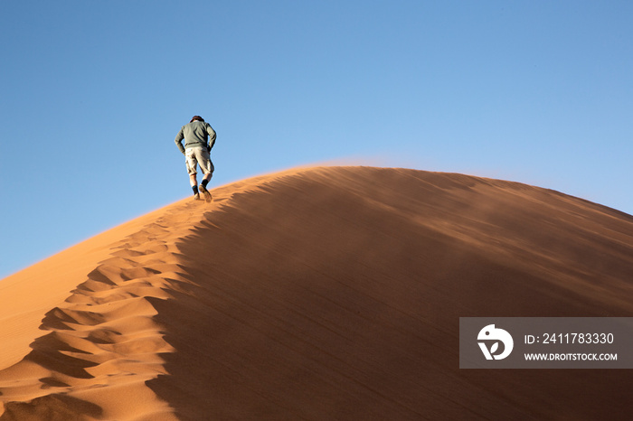 Hombre andando por la duna 45 en el desierto de Sossusvlei, Namibia.