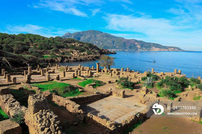 Ancient Ruins of Roman Tipasa with the Nice View to the Mediterranean coastline near Tipaza city, Algeria