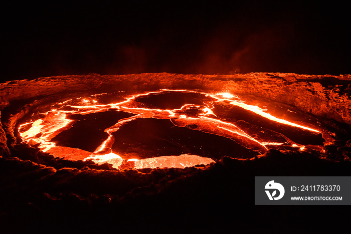 Red lava lake on top of Erta Ale volcano