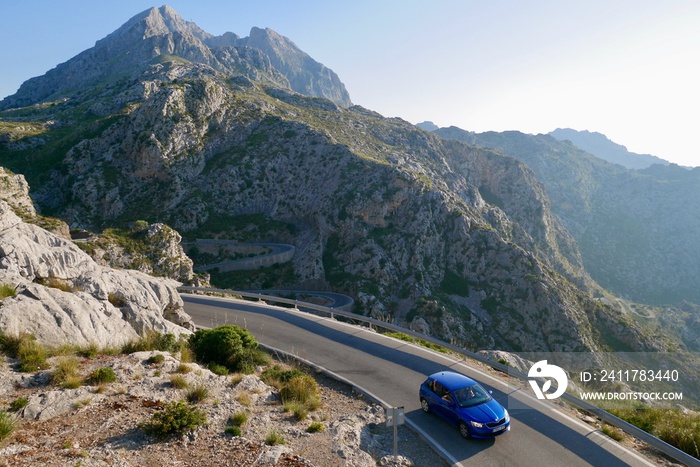 Winding coastal road Sa Calobra leading to harbor and Torrent de Pareis in Tramuntana mountains. Majorca, Spain.