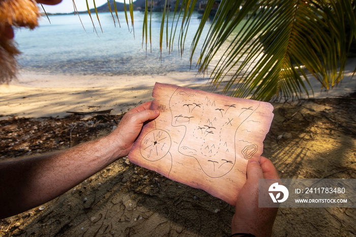 Searching for a buried treasure with a map on a deserted tropical island